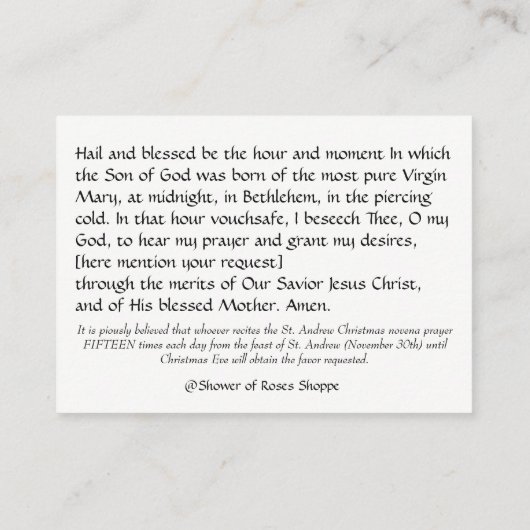 クリスマスのNovenaの祈りの言葉の神聖なカード 名刺 (裏面)