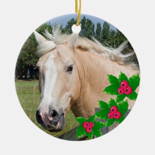 クリスマスのPalominoの馬及びヒイラギの円形のオーナメント セラミックオーナメント (正面)