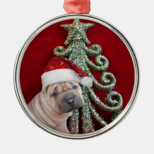 クリスマスのshar peiの子犬のオーナメント メタルオーナメント (正面)