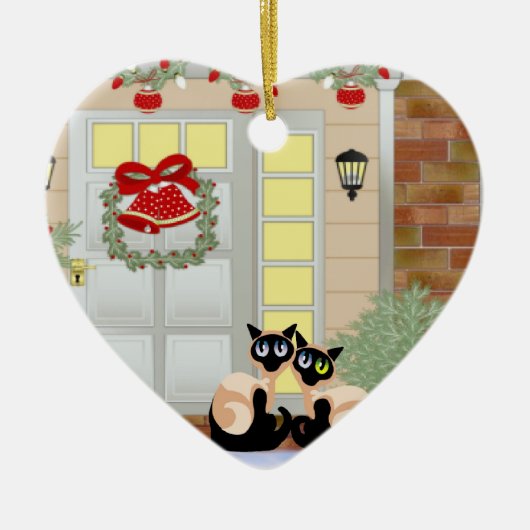 クリスマスのSiames猫 セラミックオーナメント (正面)