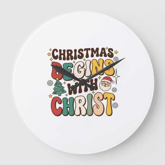 クリスマスはキリストから始まる サンタツリーデザイン ラージ壁時計 (正面)
