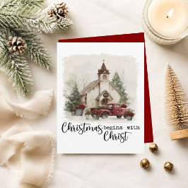 クリスマスはキリストから始まる レトロな赤いトラック シーズンカード