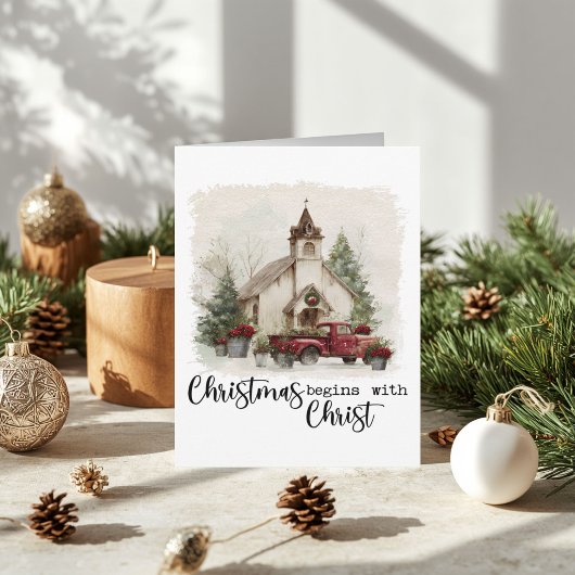 クリスマスはキリストから 水彩 赤いトラック シーズンカード