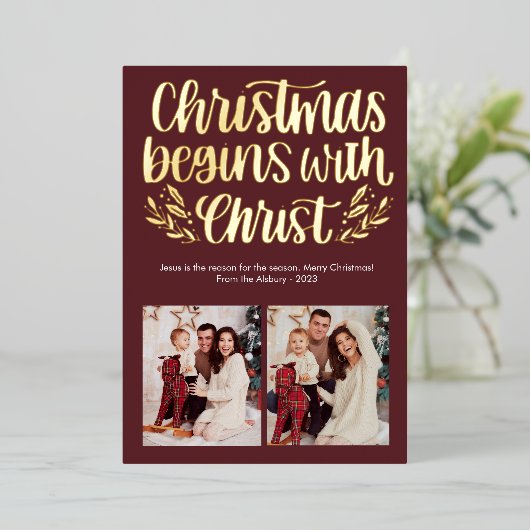 クリスマスはキリストの写真のホイルから始まる 箔シーズンカード (立ち正面)