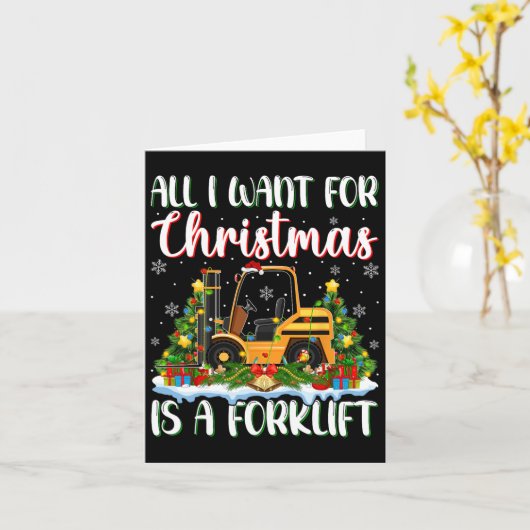 クリスマスはフォークリフトのクリスマスツリーの光が欲しい カード (黄色い花)