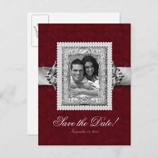 クリスマスは日付を保存フォトカード – 結婚の宝石の赤 案内ポストカード (正面/裏面)