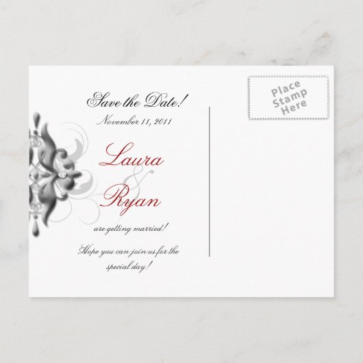 クリスマスは日付を保存フォトカード – 結婚の宝石の赤 案内ポストカード (裏面)