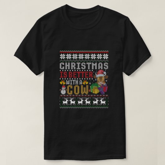 クリスマスは牛のサンタハットの光Uglで良い Tシャツ (デザイン正面)
