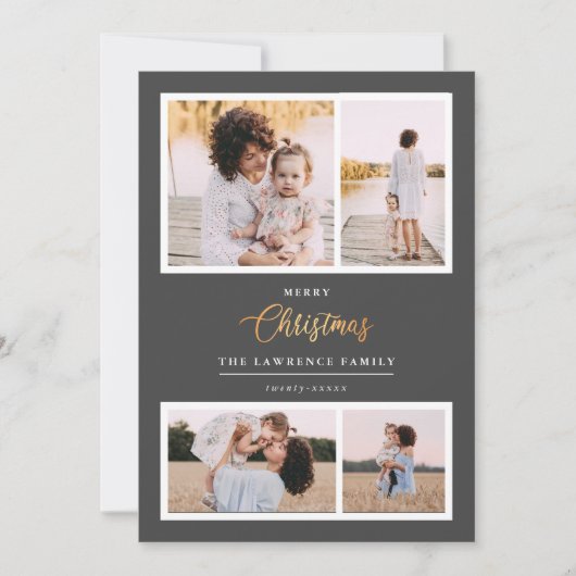 クリスマスは金ゴールド |グレーエレガント4フォトホリデー シーズンカード (正面)