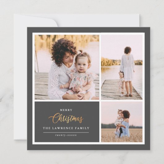 クリスマスは金ゴールド |グレー3モダンの写真コラージュ シーズンカード (正面)