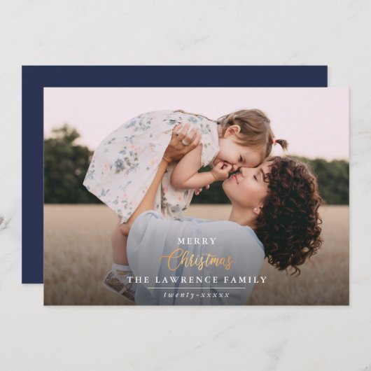 クリスマスは金ゴールド | ネイビモダンフルフレーム写真 シーズンカード (正面/裏面)