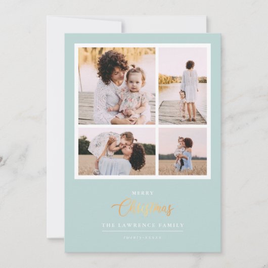 クリスマスは金ゴールド |ミントモダン4フォトホリデー シーズンカード (正面)
