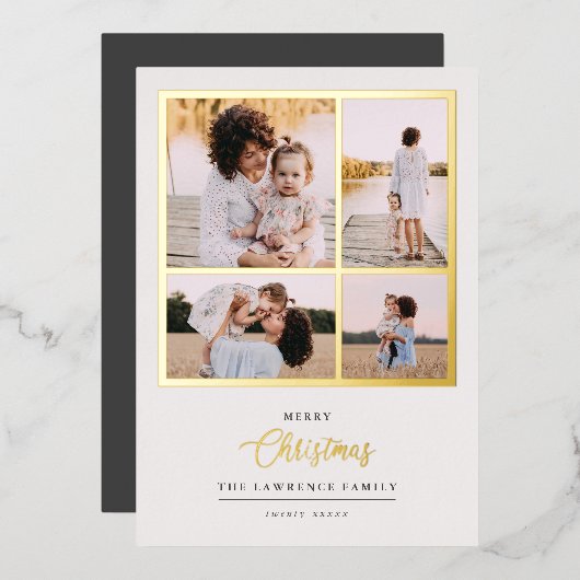 クリスマスは金ゴールド |ミントモダン4フォトホリデー 箔招待状 (正面/裏面)