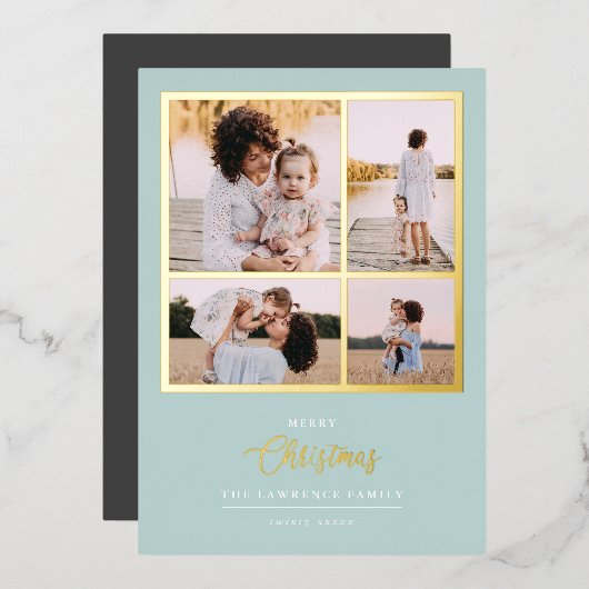 クリスマスは金ゴールド |ミントモダン4フォトホリデー 箔招待状 (正面/裏面)
