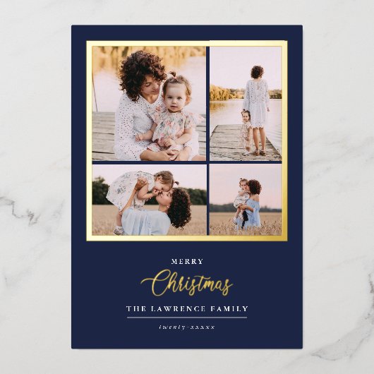 クリスマスは金ゴールド |ミントモダン4フォトホリデー 箔招待状 (正面)