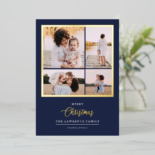 クリスマスは金ゴールド |ミントモダン4フォトホリデー 箔招待状 (立ち正面)