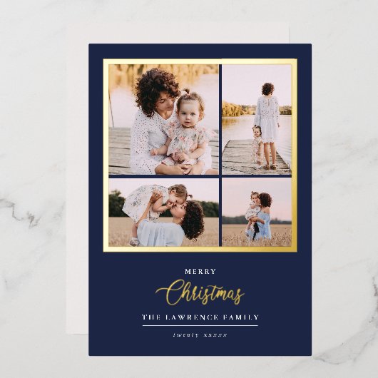 クリスマスは金ゴールド |ミントモダン4フォトホリデー 箔招待状 (正面/裏面)