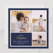 クリスマスは金ゴールド |海軍モダン3写真コラージュ シーズンカード (正面/裏面)