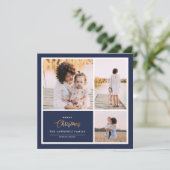 クリスマスは金ゴールド |海軍モダン3写真コラージュ シーズンカード (スタンド正面)