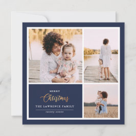 クリスマスは金ゴールド |海軍モダン3写真コラージュ シーズンカード