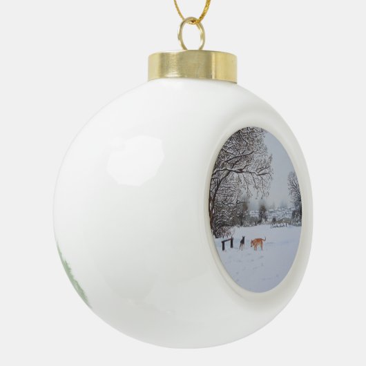 クリスマスは雪場面風景画の後をつけます セラミックボールオーナメント (左)