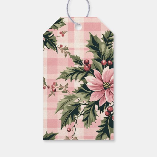 クリスマスまでのピンクの格子模様のポインセチア ギフトタグ (裏面)