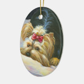 クリスマスよくはしゃぐヨークシャーテリア飾り セラミックオーナメント (左)