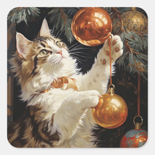 クリスマスよくはしゃぐ子猫 スクエアシール (正面)