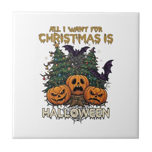 クリスマスよりもハロウィンのかぼちゃの木に蝙蝠 タイル (正面)