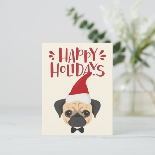 クリスマスをお楽しみください - かわいいパグのクリスマス ポストカード (スタンド正面)