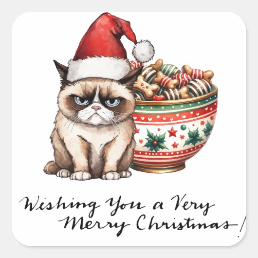 クリスマスをテーマにしたサンタハットを着た猫 スクエアシール (正面)