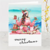 クリスマスをテーマにしたビーチギフト付きヨガの女性 カード (黄色い花)