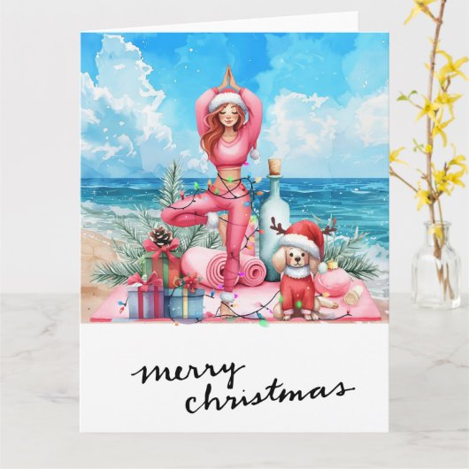 クリスマスをテーマにしたビーチギフト付きヨガの女性 カード (黄色い花)