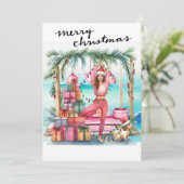 クリスマスをテーマにしたビーチギフト付きヨガの女性 シーズンカード (スタンド正面)