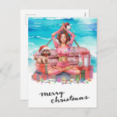 クリスマスをテーマにしたビーチギフト付きヨガの女性 シーズンポストカード (正面/裏面)