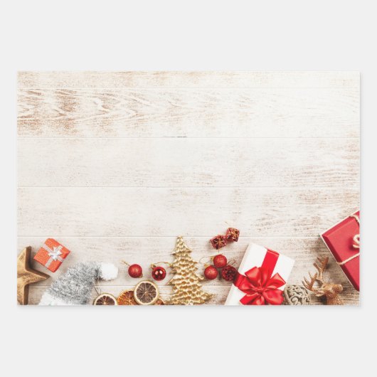クリスマスをテーマにした木素朴板のアイテム ラッピングペーパーシート (正面3)