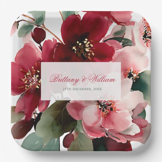 クリスマスをテーマにした赤い花のウェディング ペーパープレート (正面)