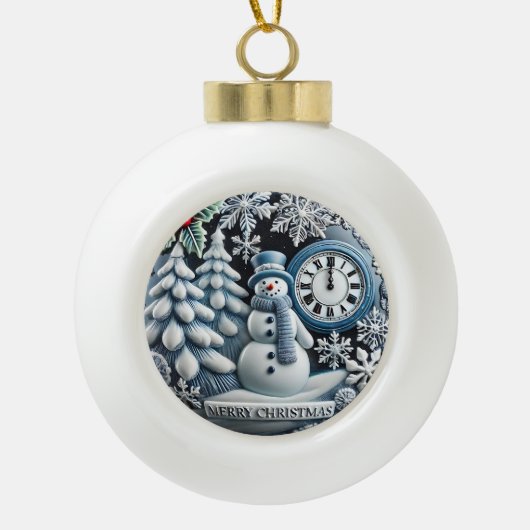 クリスマスをテーマにした雪だるまと冬の森の風景 セラミックボールオーナメント (正面)