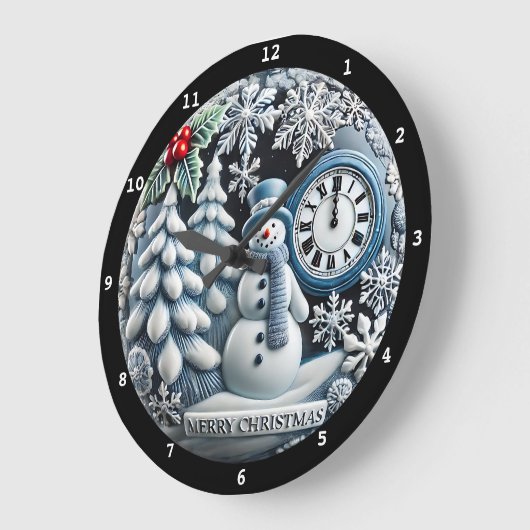 クリスマスをテーマにした雪だるまと冬の森の風景 ラージ壁時計 (傾斜)