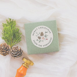 クリスマスを中心とした水彩の森の葉 ラウンドシール