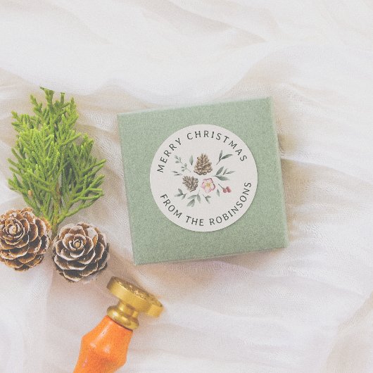 クリスマスを中心とした水彩の森の葉 ラウンドシール