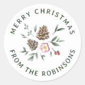 クリスマスを中心とした水彩の森の葉 ラウンドシール (正面)