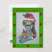 クリスマスを伴うかわいい黒と茶色の子犬ストッキング シーズンポストカード (正面/裏面)