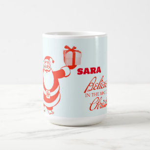 クリスマスを信じて、赤いサンタクロース コーヒーマグカップ