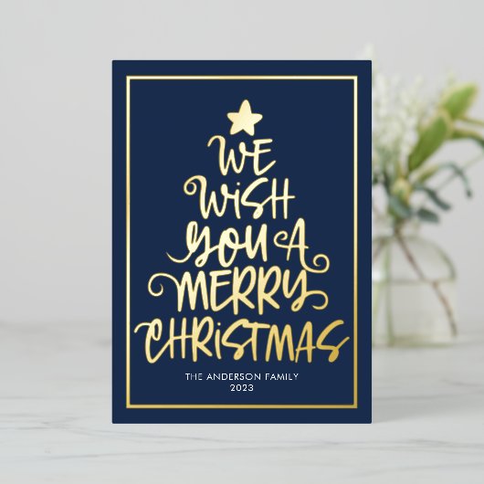 クリスマスを楽しくお過ごしください ネイビーブルーのデザインが楽しい 箔シーズンカード (立ち正面)