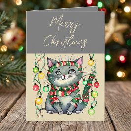 クリスマスを楽しむかわいい猫のオーナメント グレー シーズンカード