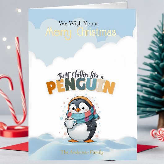クリスマスを楽しむペンギンのゆるキャラ 箔グリーティングカード