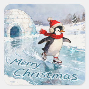 クリスマスを楽しむペンギンのアイススケート スクエアシール