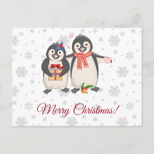クリスマスを楽しむペンギンのカップル ポストカード (正面)