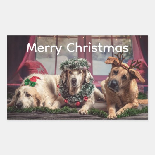 クリスマスを楽しむ3匹の犬 長方形シール (正面)